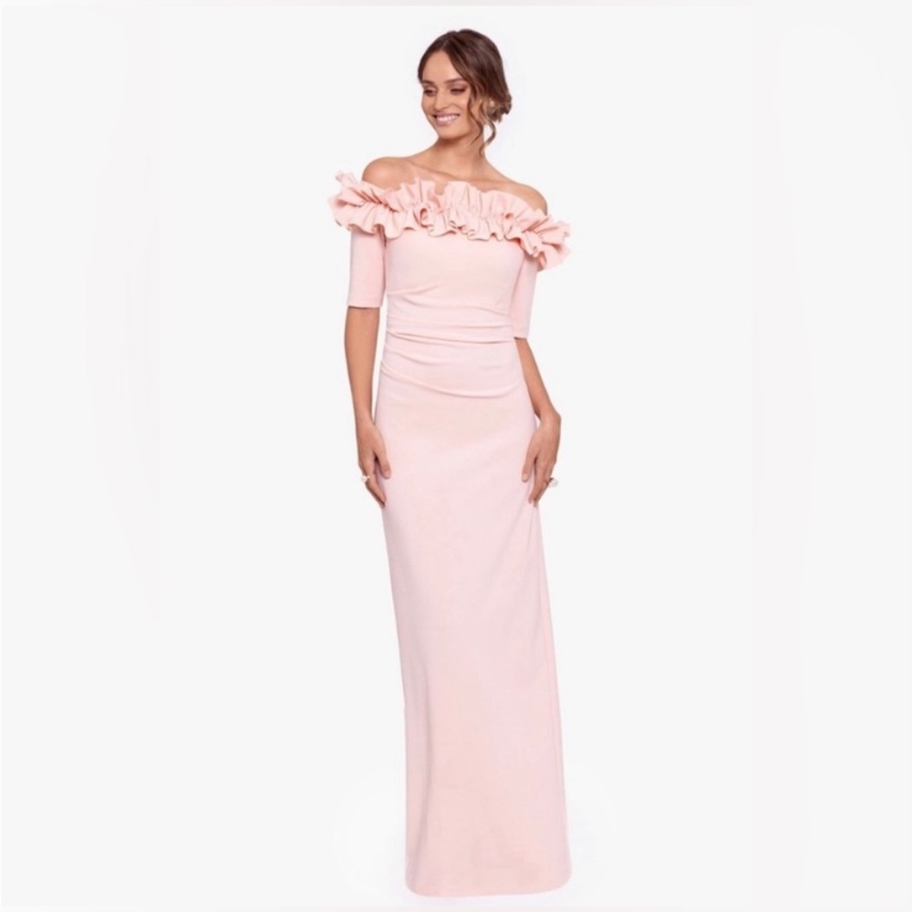 XSCAPE | Pink Off the Shoulder Ruffle Column Gown 6